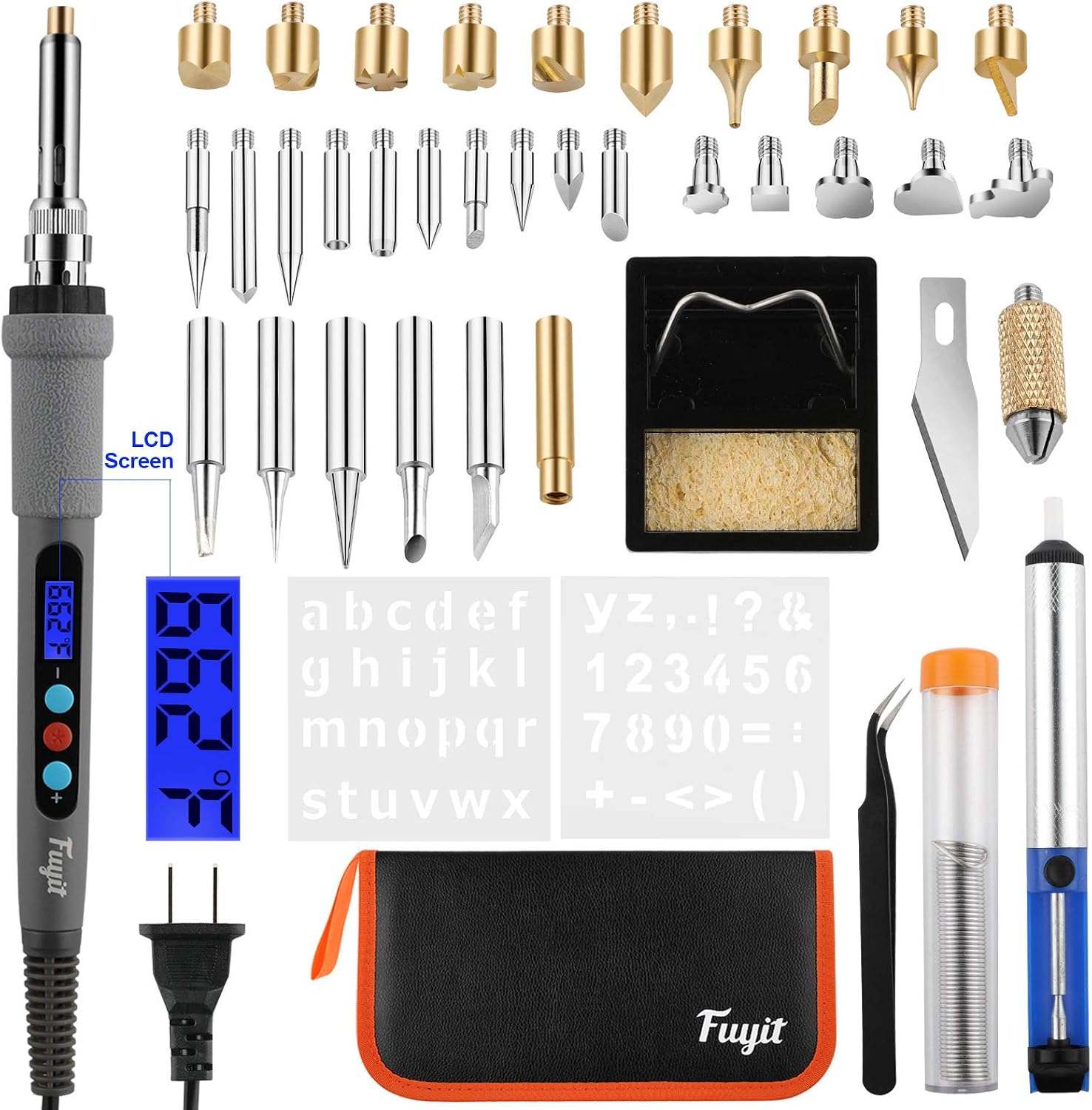 Fuyit 42Pcs LCD Wood Burning Kit, Wood Burner Pyrography Pen with Temperature Control & Various Exchangeable Tips for Wood Burning, Soldering, Carving, Embossing (110V, 60W)