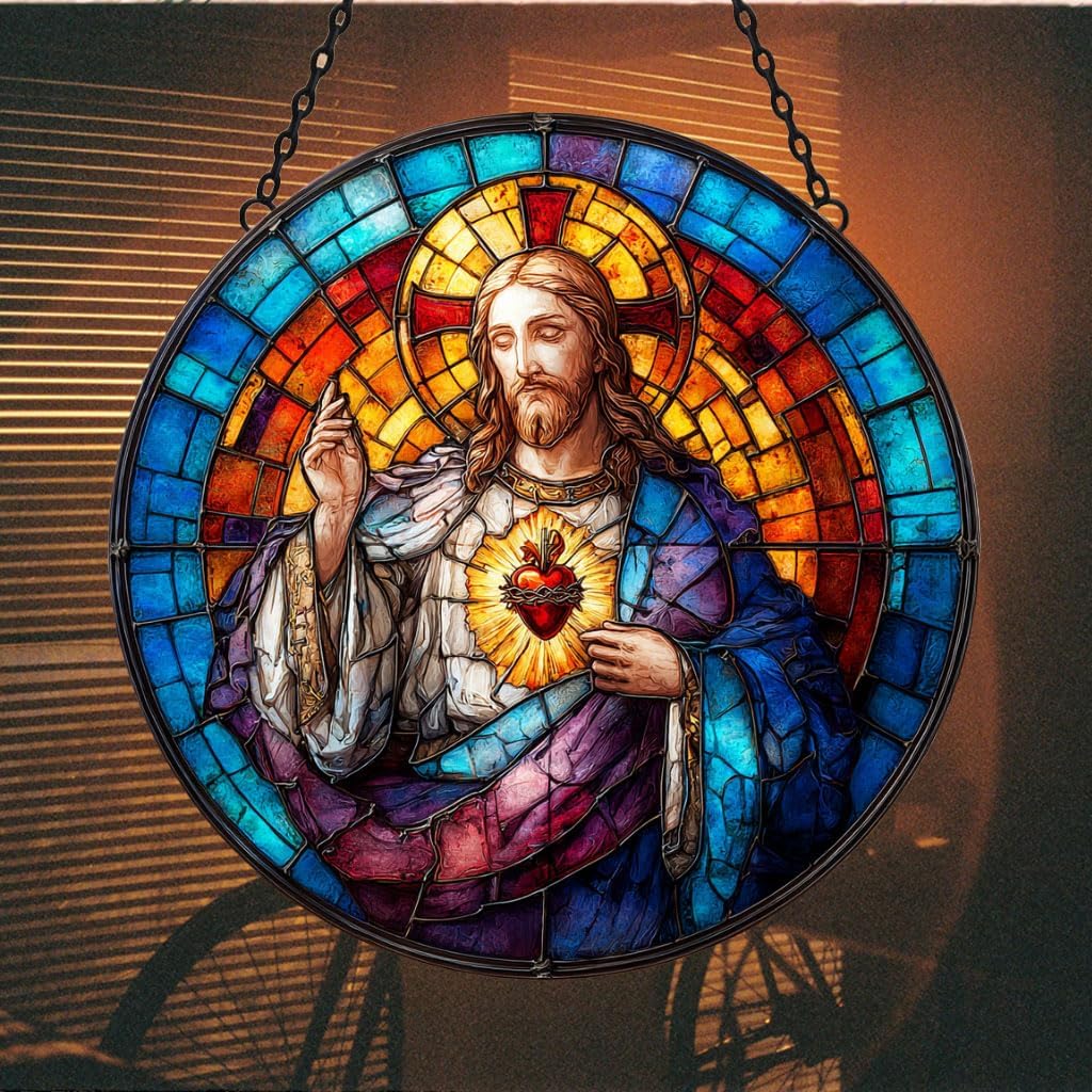 Jesus Heart of Sacred Suncatcher Stained Glass Mosaic Window Car Hanging Christmas Ornament Indoor Outdoor Decor Garden Memorial Sun Catcher for Family Christmas Jesus Gift for Women Mom Grandma