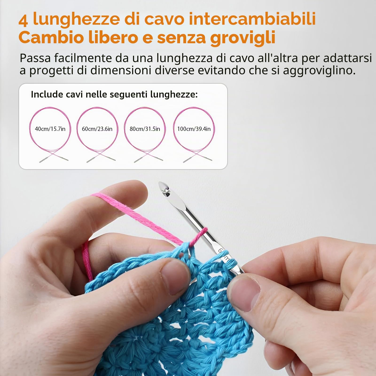 Set Uncinetti Tunisini con Cavo, 26 Pezzi, 3–10 mm | Uncinetti Intercambiabili da 15,2 cm in Alluminio Nichelato, Ergonomici, con Borsa di Conservazione, per Principianti