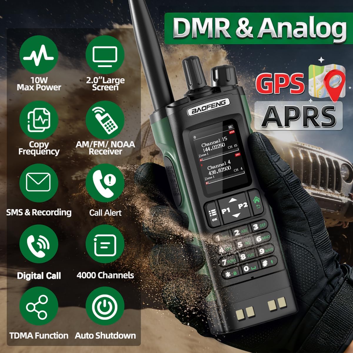 BAOFENG DM-32UV radio with various antennas and accessories