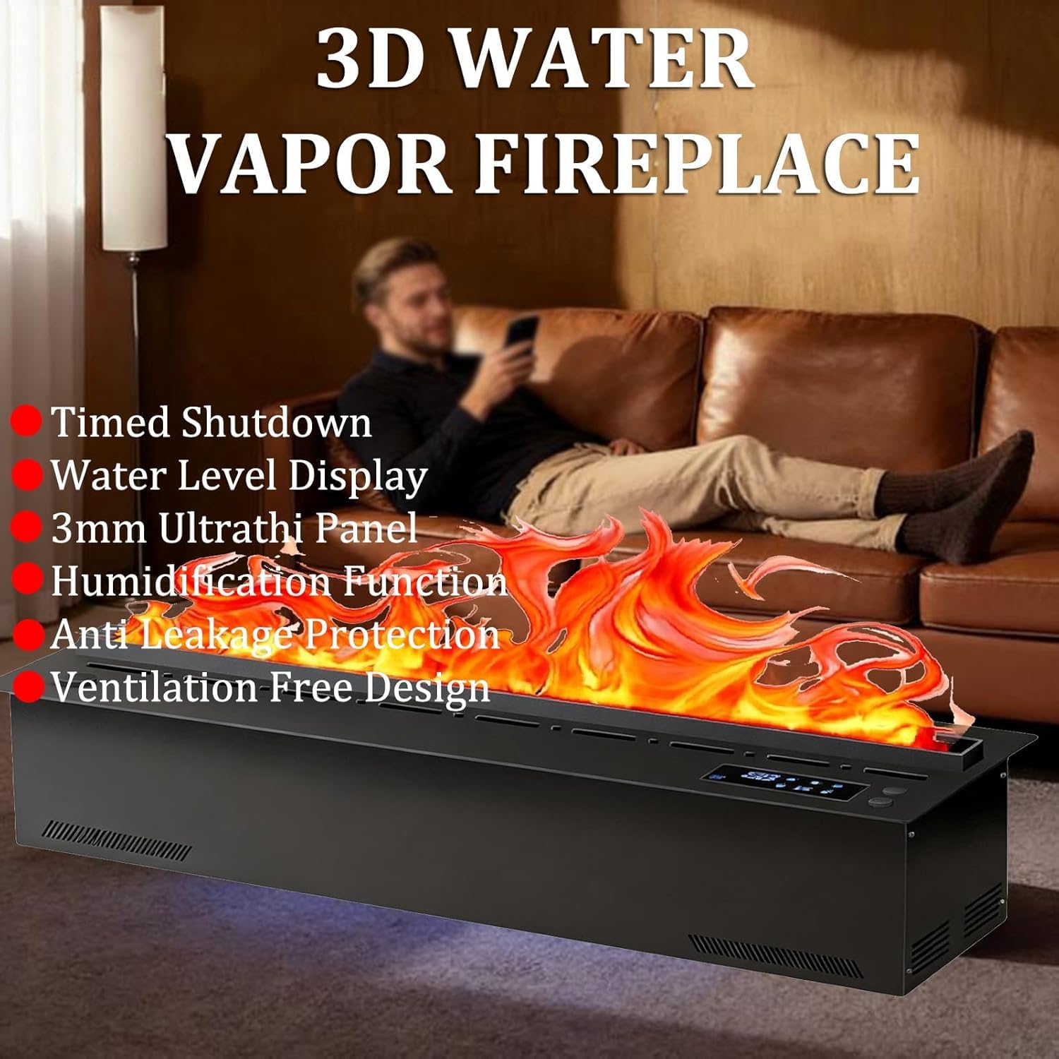Chimenea De Vapor De Agua 3D con 128 Colores De Llama Ajustables Y 5 Niveles De Brillo, Acero Inoxidable Cepillado, Control TáCtil, para Oficina, Hogar Y Hotel,120cm/47.24inch