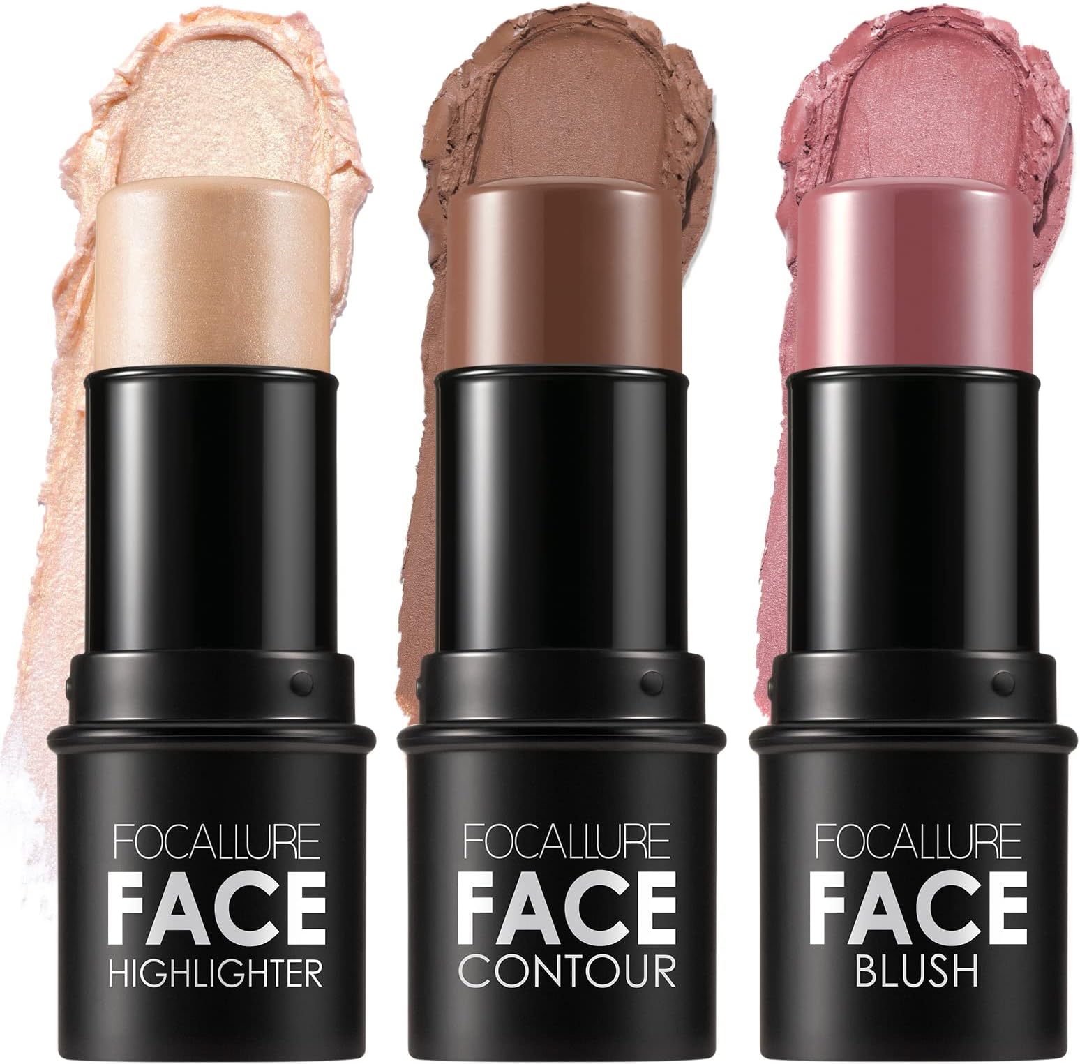 FOCALLURE 3 Pcs Cream Contour Sticks,Shades with Highlighter & Bronzer & Blush,Non-greasy Long-wear Face Contouring Pen,Easy to Sculpt the Face and Create a Lightweight Finishing Makeup,TAN