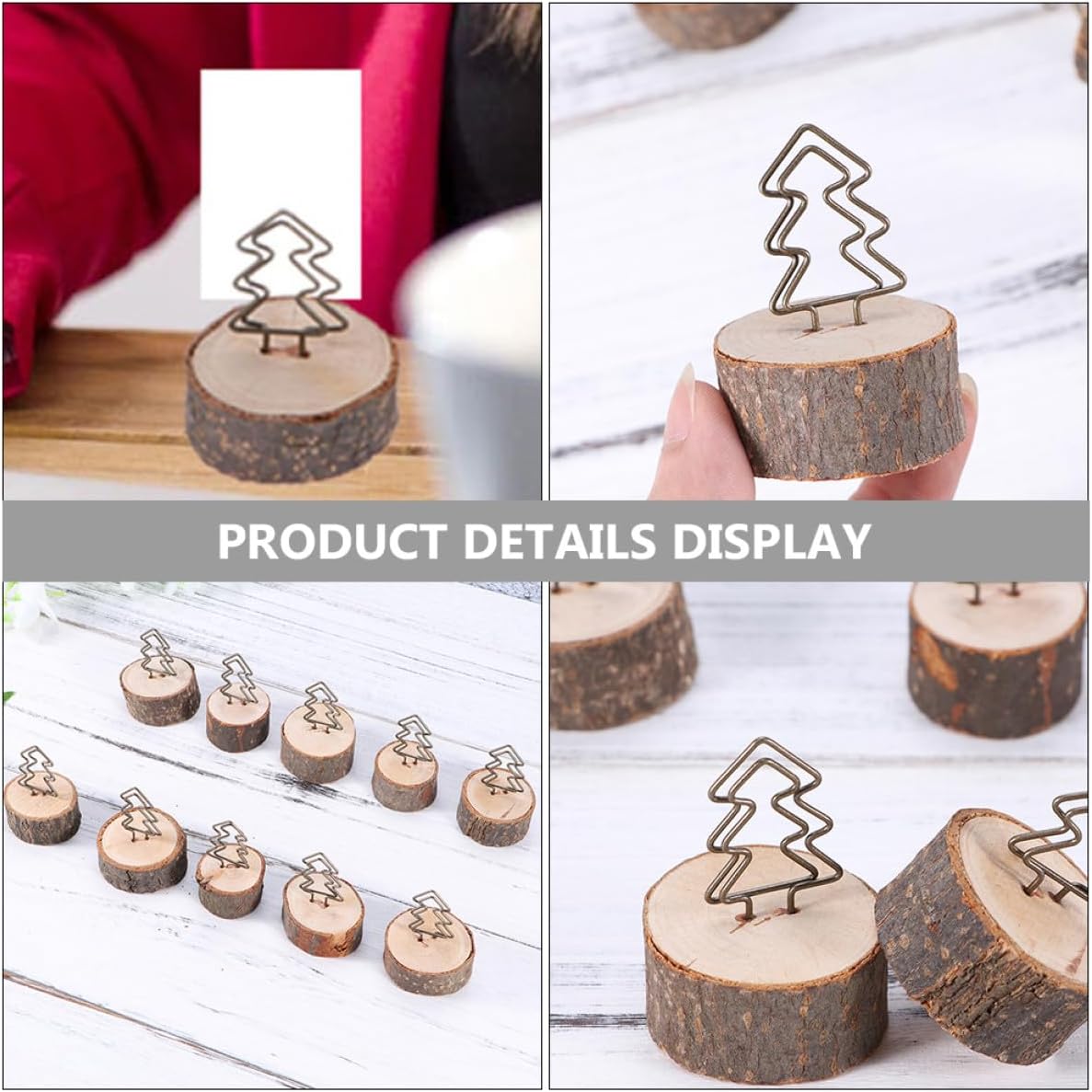 10pcs Wooden Bark Photo Holder Clips with Metal Memo Clips, Rustic Table Number and Place Card Holders for Wedding Centerpieces and Desktop Decor