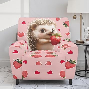 Hedgehog Strawberry Recliner Chair Covers 4-Pieces Stretch Lazyboy Recliner Chair Cover with Handle Opening Fitted Sofa Couch Cover Soft Reclining Couch Slipcover Furniture Protector