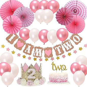 Bosoner 2st Birthday Girl Decorations Pink Theme Kit Set Baby Girl 2st Birthday Party Cake Topper Intwoin Ini Am Twoinandinstarsinbanner Fiesta Pink Hanging Paper Fan Flower Pink White Balloons Amazon Co Uk Toys Games