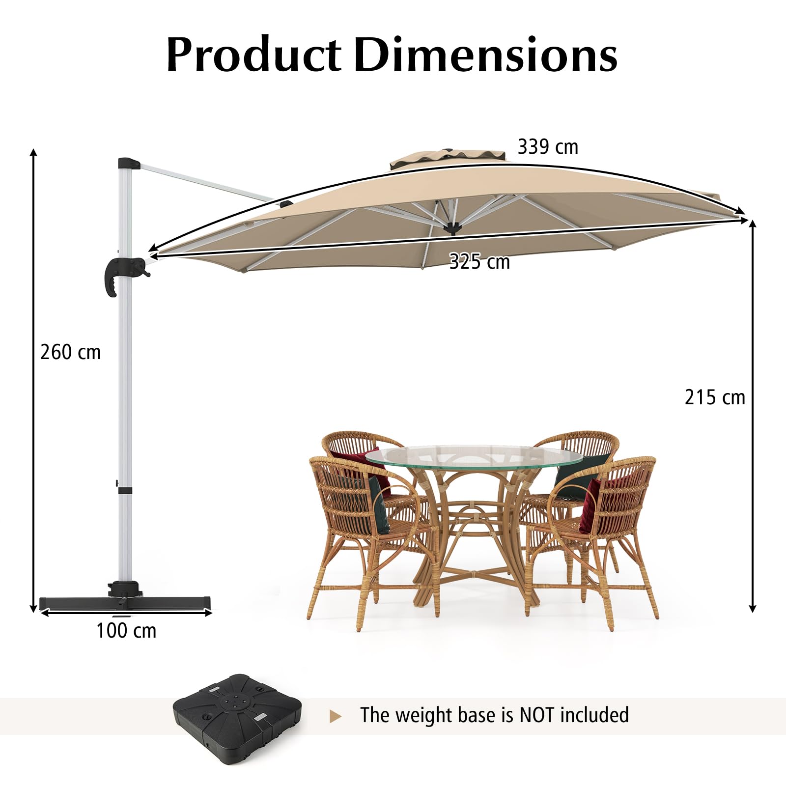 KOMFOTTEU Parasol przeciwsłoneczny o średnicy 400 cm, obracany o 360°, regulowany kąt nachylenia i korbą, z ochroną przed promieniowaniem UV, do ogrodu, na taras, basen