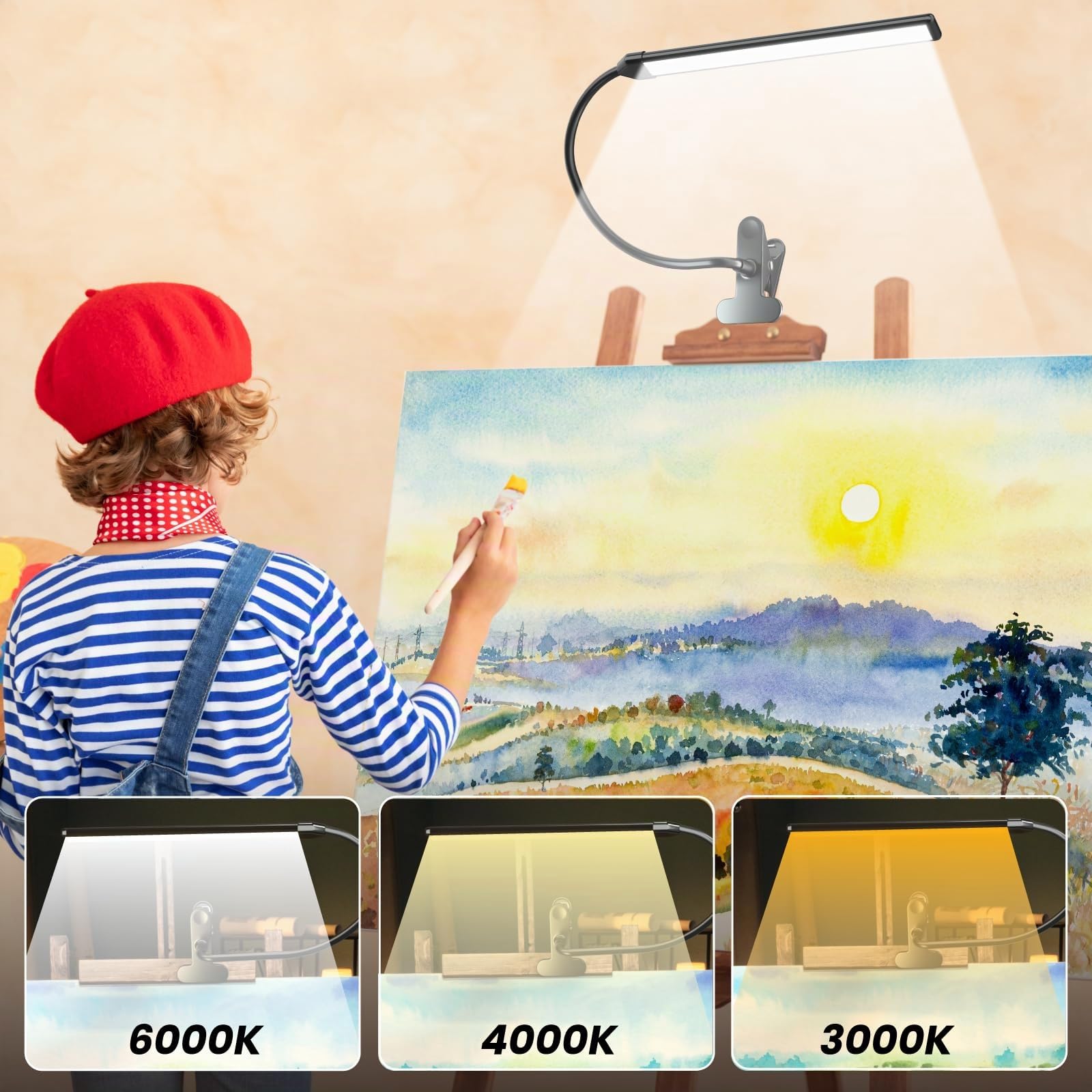 Lámpara LED de caballete con clip para artistas, 3 modos de color, 10 niveles regulables, luz de lectura de 300 lm para el cuidado de los ojos para pintar, dibujar con brazo flexible