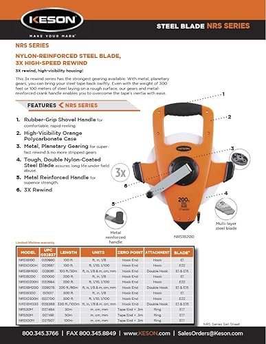 Miniatura 2 de Keson NRS18M330 Cinta métrica de hoja de acero reforzado con nailon, rebobinado de velocidad con doble gancho (graduaciones pies., in., 18 y m, cm,
