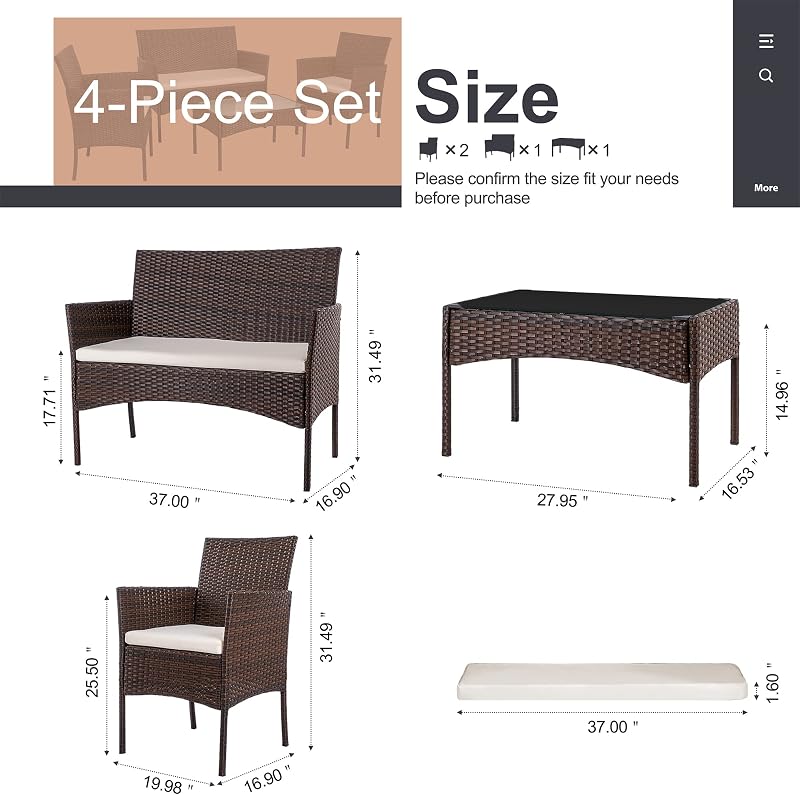 Shintenchi 4 Piece Outdoor Patio Furniture Set, Wicker Rattan Patio Conversation Set, Outdoor Chairs and Loveseat with Coffee Table for Porch, Yard & Poolside (Brown) image 6