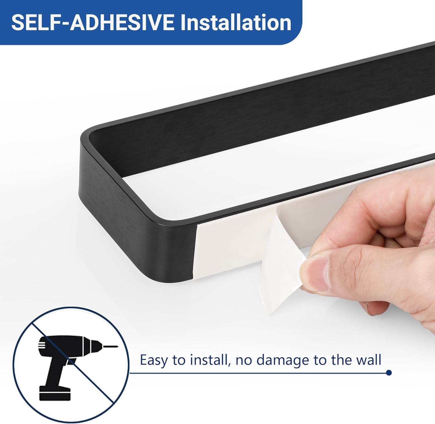 SAYAYO Matte Black Hand Towel Holder for Bathroom Wall, 12 Inch Self Adhesive Towel Bar Hand Towel Rack Square Heavy Duty - Image 4
