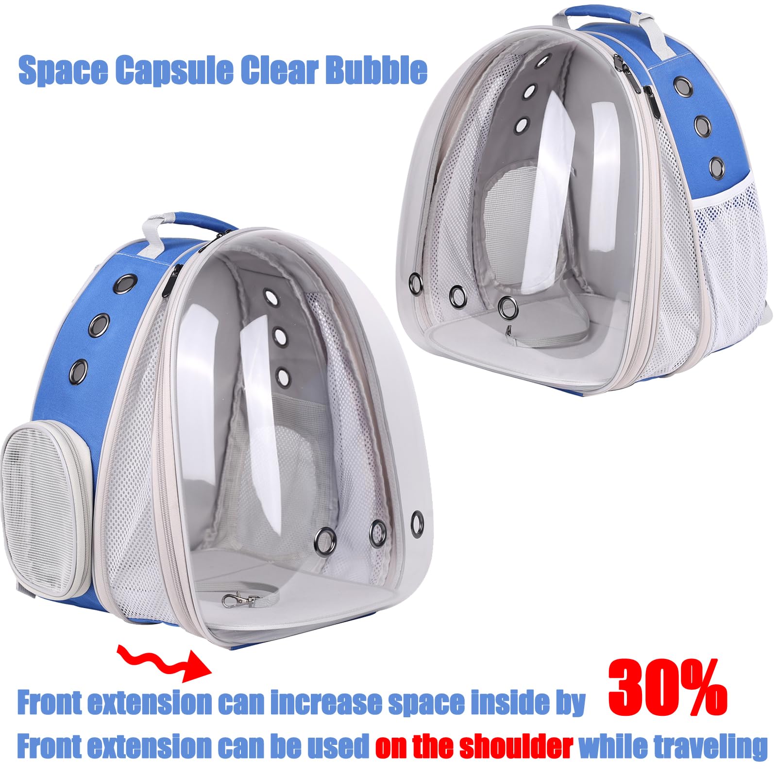 Mochila expandible para gatos, se ajusta hasta 20 libras, cápsula espacial, astronauta burbuja, ventana, mochila para mascotas para gatos grandes y cachorros pequeños (azul, extensión frontal)