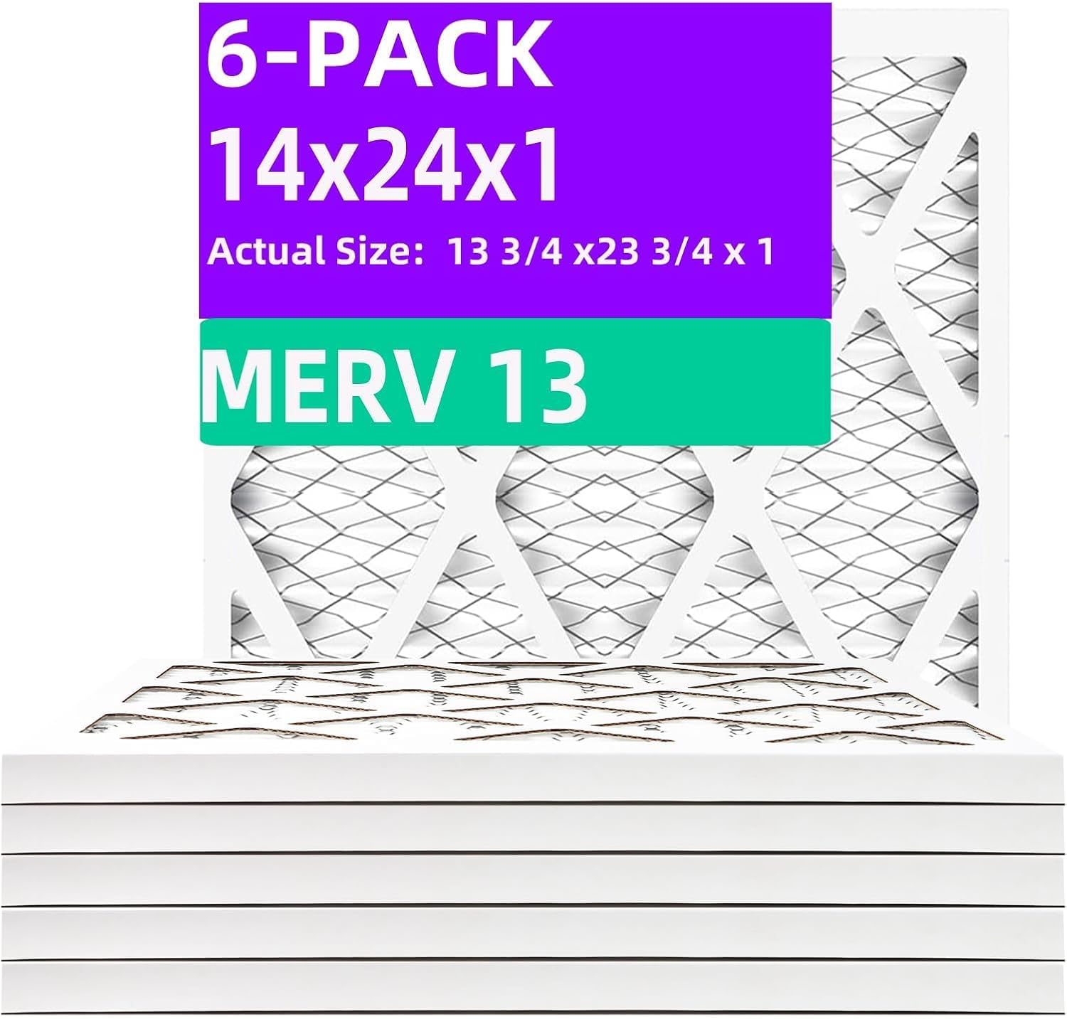 14x24x1 MERV 13 (6-Pack) Pleated Air Filter (Actual Size: 13.75" x 23.75" x 0.75") MPR 1900 & FPR 10, Furnace Air Filters 14x24x1 6-Pack MERV-13