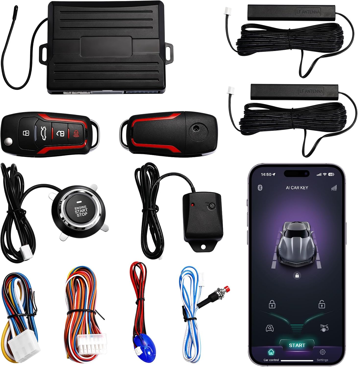 Universal Remote Start Kit with Push Start Button, Keyless Entry System, Bluetooth App Control, Car Alarm System, Push to Start Conversion Kit, Smart Keyless Ignition for 12V Vehicles