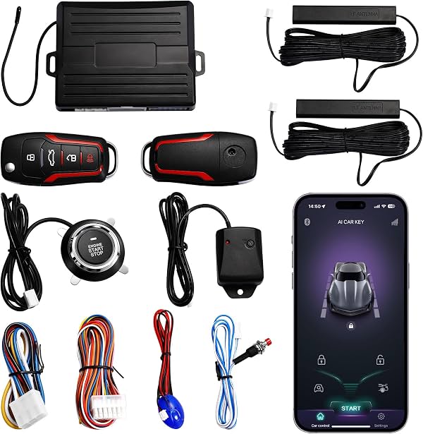 Kit Universal de Arranque Remoto con Botón de Encendido, Sistema de Entrada Sin Llave, Control por App Bluetooth, Sistema de Alarma para Auto, Kit de Conversión Push to Start, Encendido Inteligente Sin Llave para Vehículos de 12V