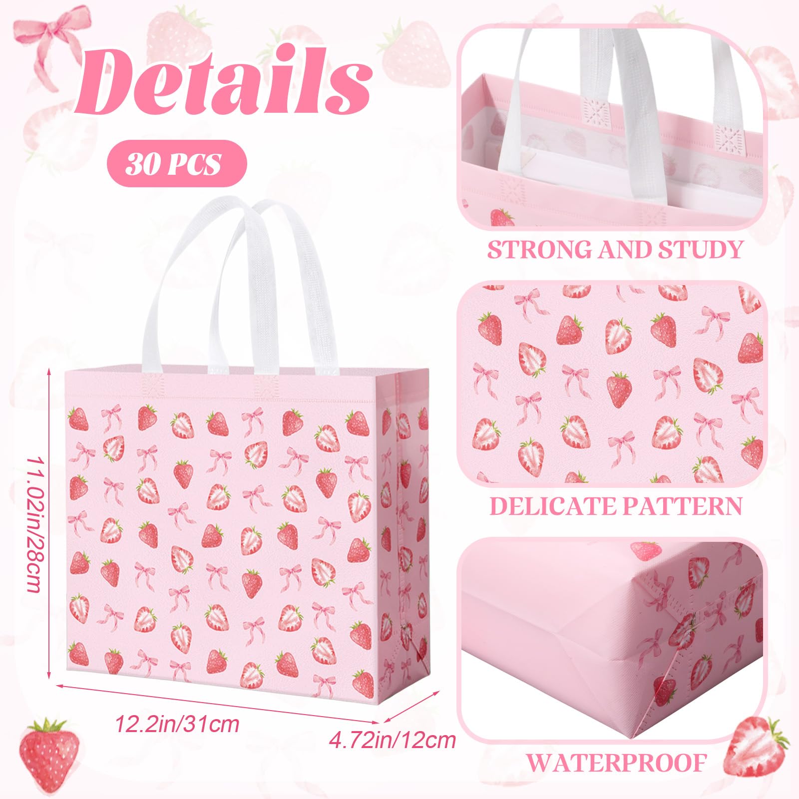 Abbylike 30 Pack Strawberry Bow Reusable Gift Bag Bulk Large Pink Bow and Sweet Strawberry Print Shopping Bag Tote Non Woven Tote for Women Wedding Birthday Baby Shower, 12.2 x 11.02 x 4.72 Inches