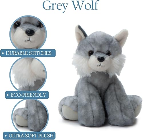 Vista 6 de The Petting Zoo Peluche de lobo, regalos para niños, animales salvajes del zoológico Onez, juguete de peluche de lobo gris de 9 pulgadas