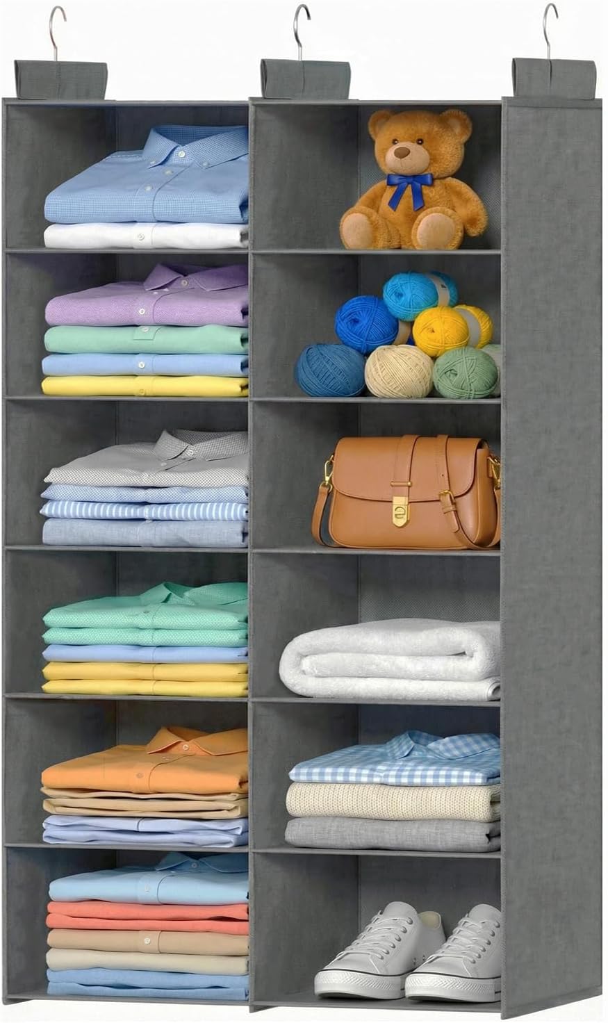 ALLTIDYUP Space-Saving Hanging Closet Storage Organizer – Dual-Row Foldable Shelves with 3 Hooks, 6-Tier Wardrobe Organizer for Dorm, Bedroom, Closet (Grey)
