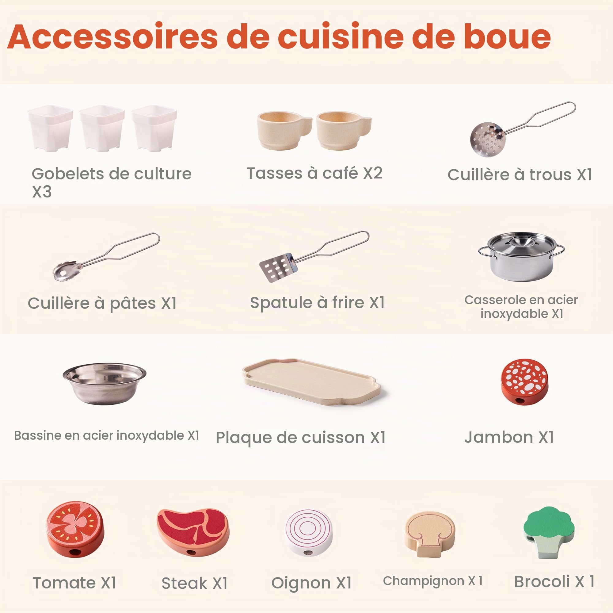 ROBUD Cuisine en Bois pour Enfants, Cuisine d'extérieur avec véritable évier, cafetière, Barbecue, Four et Tableau Noir, Jouet de Cuisine pour Jeux de rôle avec Accessoires, pour garçons et Filles 3+