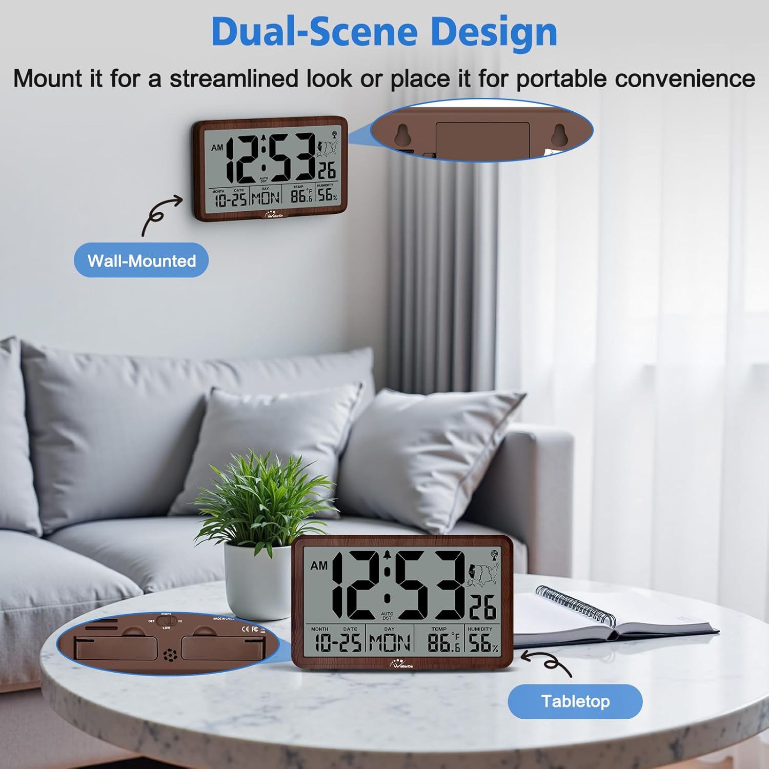 WallarGe Atomic Wall Clock with Backlight, Digital Wall Clock Battery Operated for Classroom, Bedroom, Office, Large Display with Indoor Temperature, Humidity, Date, AUTO DST, 6 Time Zones