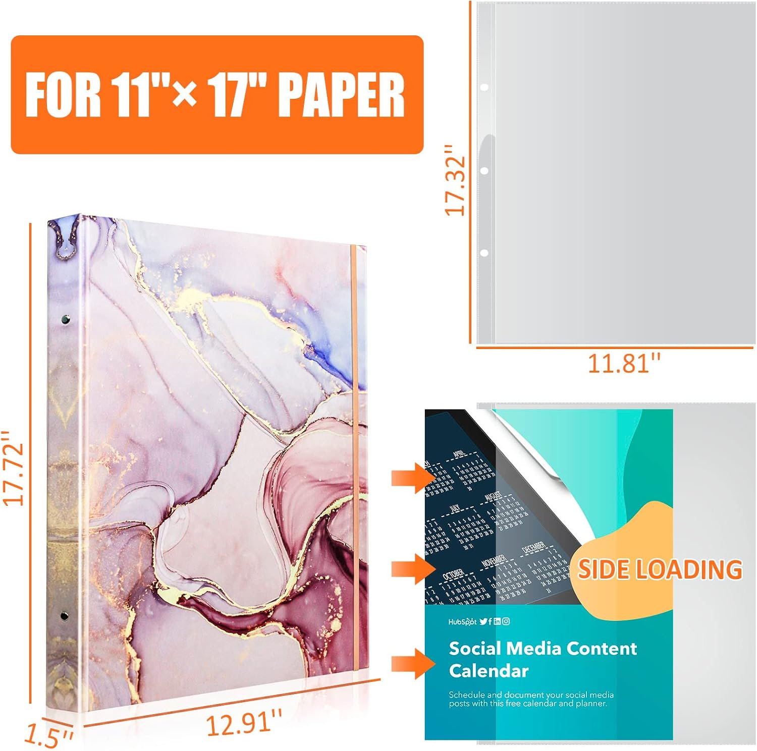 Pink Marble 11x17 Binder with 50 Sleeves, 3-Ring, Elastic Cord, Office & School Artwork Storage