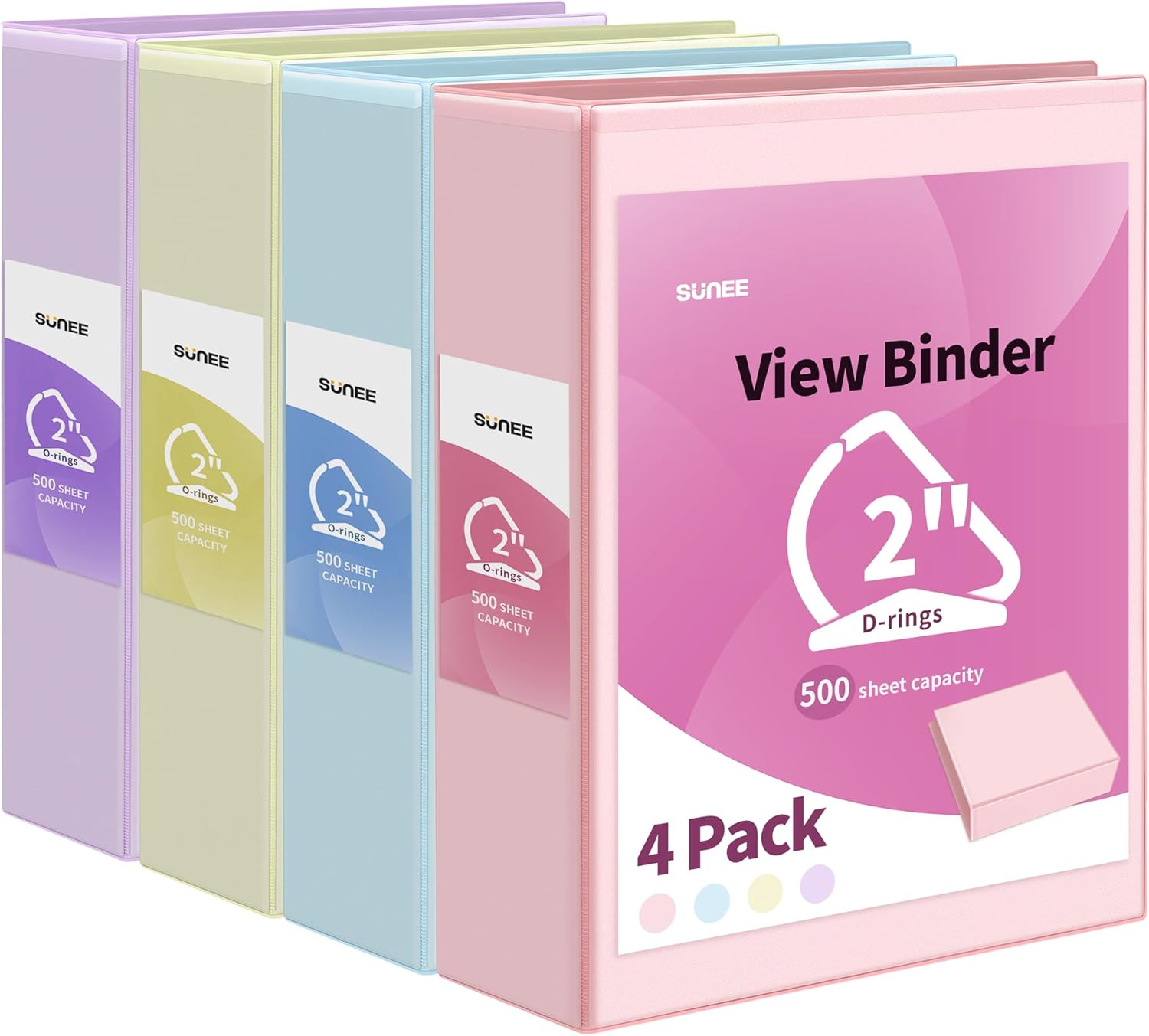 SUNEE 3 Ring Binder 2 Inch, Clear View Binder Three Ring PVC-Free (Fit 8.5x11 Inches) for School Binder or Office Binder Supplies, Assorted Pastel Binder, 4 Pack