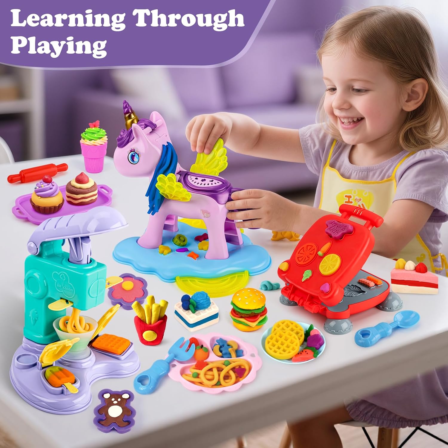 Aprilwolf 60 PCS 3 in 1 Dough Sets for Kids Ages 3-4-8, Art Crafts Dough Tools Kit, Unicorn Hair Stylist, Ice Cream Playset Hamburger Maker Machine, Kitchen Creations Food Play Toys Boys Girls