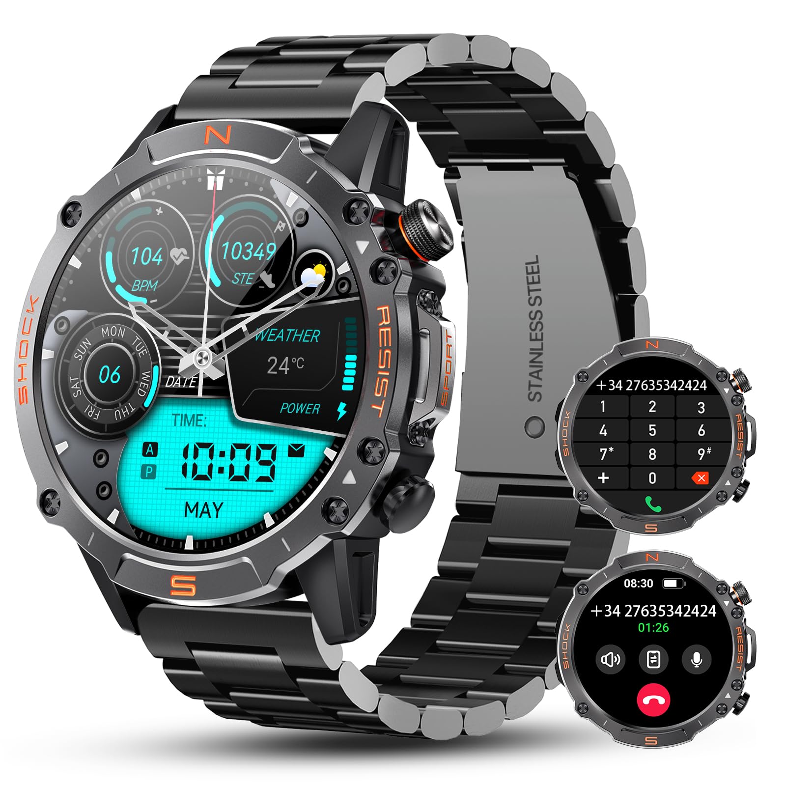 WalkerFit Reloj Inteligente Hombre: Smartwatch Hombre Militar Resistente e Impermeable AMOLED de 1,43", Regalos para Hombre Smart Watch con Podómetro, 60 días Batería, 120 Modos Deportivos Android/iOS