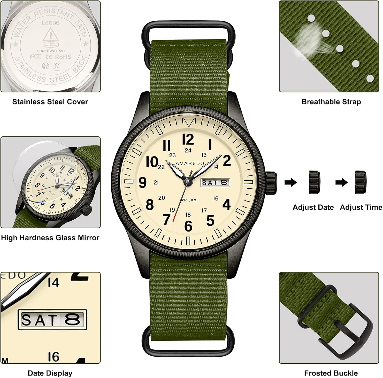 Detailed view of Bomieux L6696 watch components including stainless steel cover, high hardness glass, breathable strap, frosted buckle, and date display.