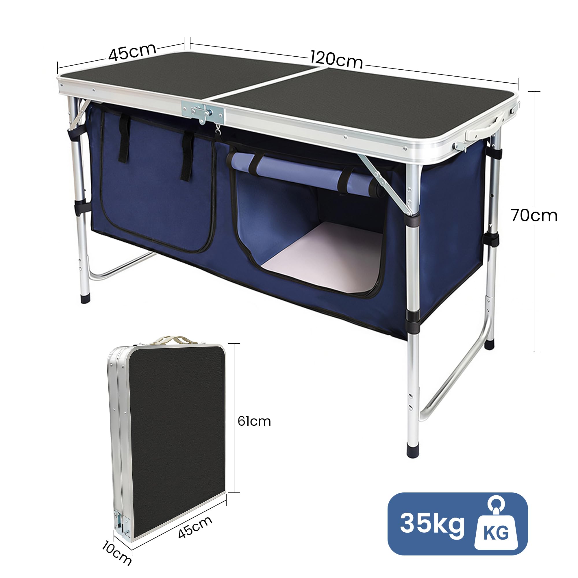 Campingküche faltbar, Leicht Campingschrank mit Aluminiumgestell und Staufach Tragetasche, Camping Küche Küchenbox Zeltschrank, Reiseküche für Outdoor Camping