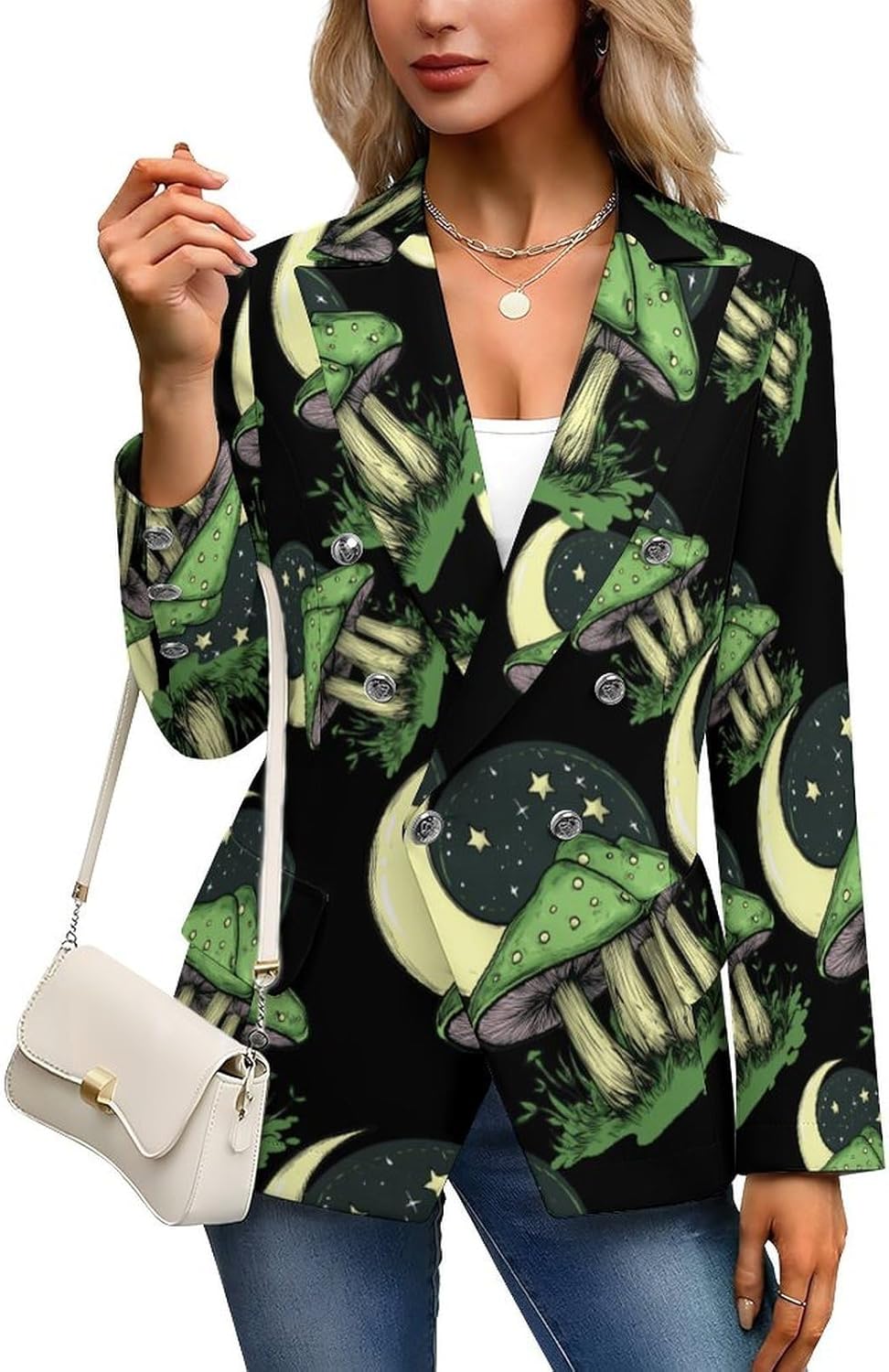 Mushroom Print Women's Blazer Long Sleeve Suits Business Casual Blazers Jackets Lapel Open Front Suit