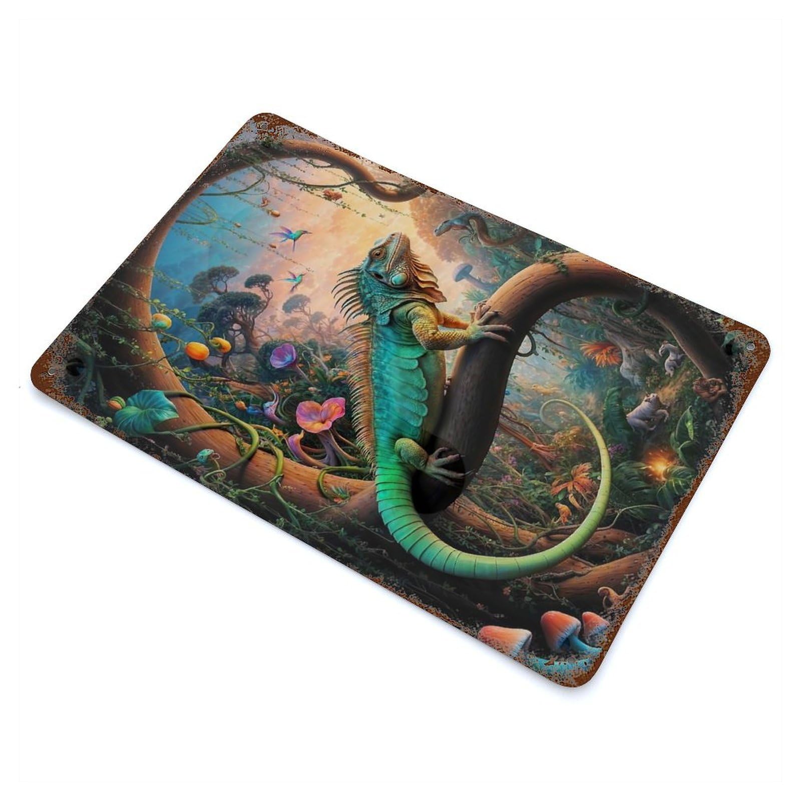 Surreal Iguana Safari Rust Effect Tin Sign 11.8"x7.9", Industrial Home Decor for Bistro, Counter And Cafe Decor