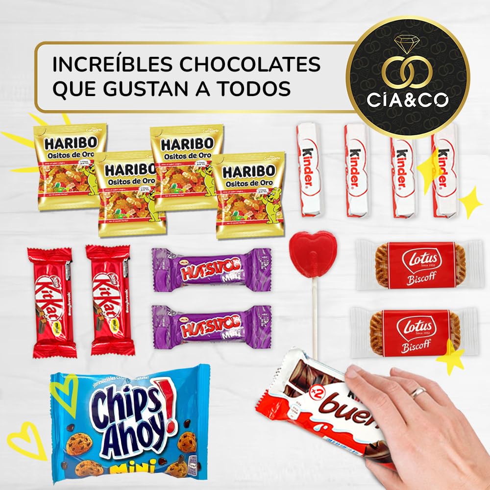Cajita Regalo Original con 17 Chocolates Kinder Bueno, Cards, Kinder Chocolate, Twix, Mars, Kit Kat, Huesitos, Galleta Lotus Biscoff y Mucho Más · Día de la Madre · Con Tarjeta y Texto Personalizada