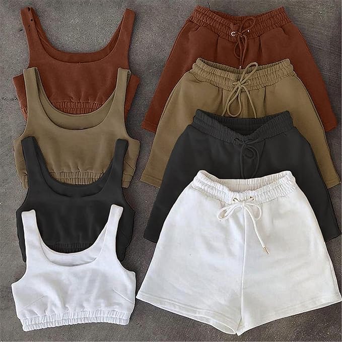 Solid Women Sport Wear Two Piece Sets 2021 Crop Top + Drawstring Biker Shorts Matching
