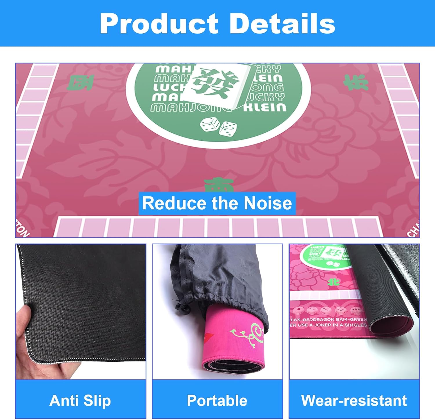 Mahjong Mat for Table - Board Game Poker Table Mat, Slip Noise Reduction Gaming Mat, American Mahjong Mat with Rules, Game Mat for Mahjong/Poker/Board Games/Card Games/Dominoes (Rose red)