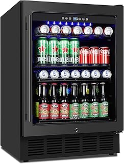 24 Inch Wide Beverage Refrigerator, Under Counter 24" Beverage Cooler with Glass Door, 180 Cans Drink Fridge Built-in/Freestanding Beer Fridge with Powerful Cooling for Home/Kitchen, Black