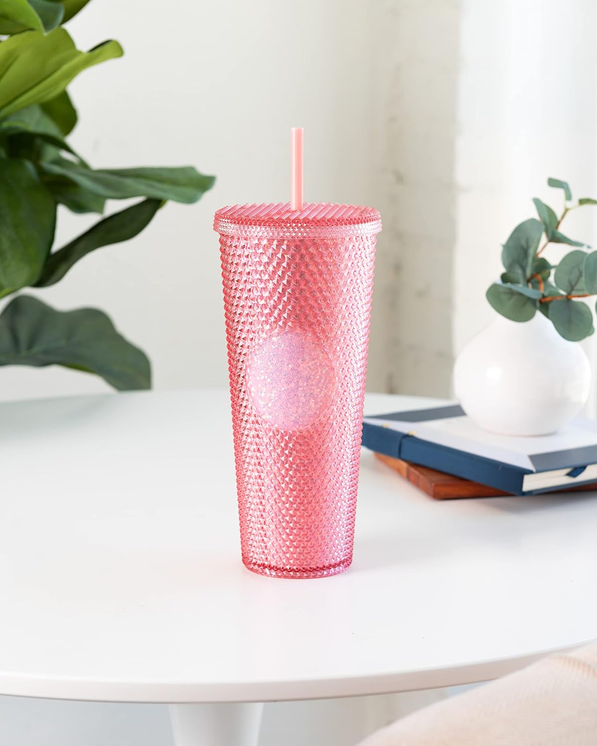 Sterz Studded Tumbler with Straw | Double Wall Tumbler perfect for Hot and Cold Drinks | Iced Coffee Cup, Smoothie Cup | Reusable, BPA Free, 24oz Capacity (Rose Pink) - Image 4