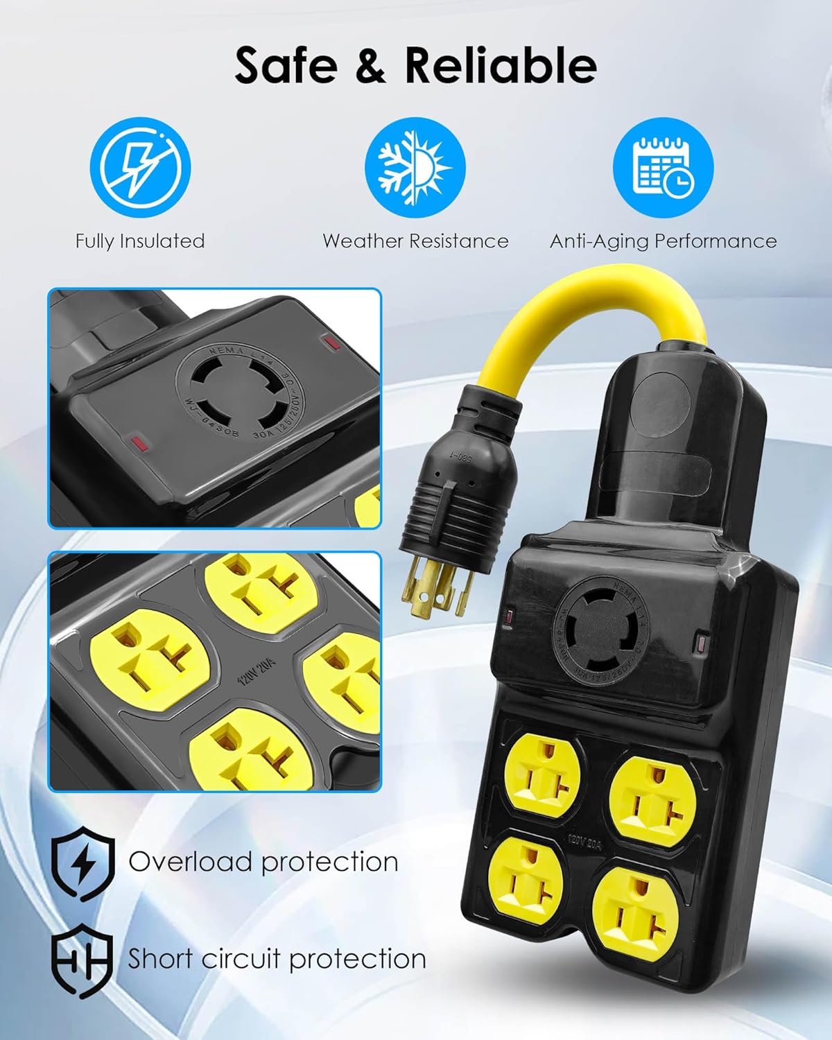 Generator Adapter Extension Cord Fits for Nema L14-30p to 4 Port 5-20R/ 5-15R & L14-30R, 4 Prong Twist Locking 30 Amp to 15/20 Amp Generator Power Cord 125/250V 7500 Watts 1.5Ft