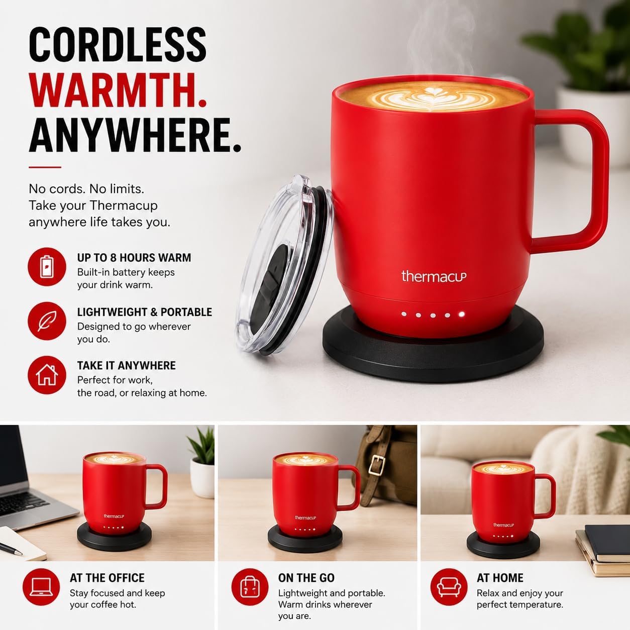 THERMACUP Premium Self Heating Coffee Mug, Temperature Controlled Heated Cup, Long Battery Life, Portable Electric Mug Warmer, Stainless Steel, Gift for Coffee Lovers, Home & Office (Cherry Red) image 4