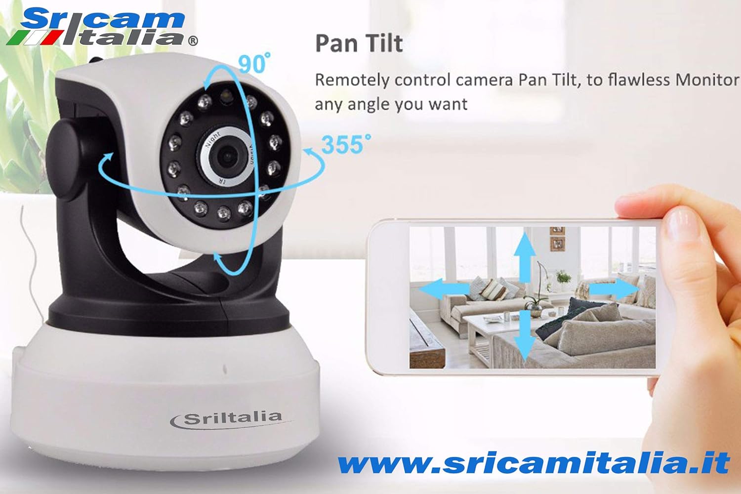 Sricam Italia SP017-S camera demonstrating pan and tilt movement controlled by a smartphone app