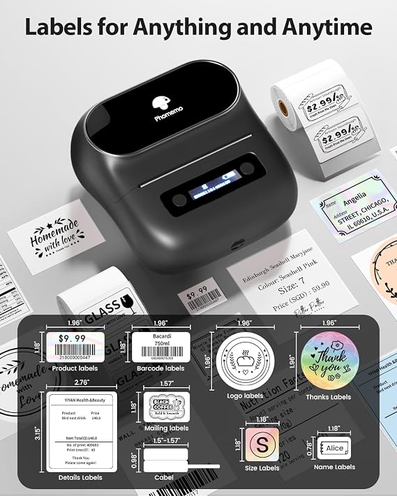 Phomemo Label Maker,M220 Label Printer,3 Inch Bluetooth Thermal Label Maker Machine with 7900+ Icons,1900+ Templates,550+ Fonts,for Kids School Items,Small Business,Large Sticker