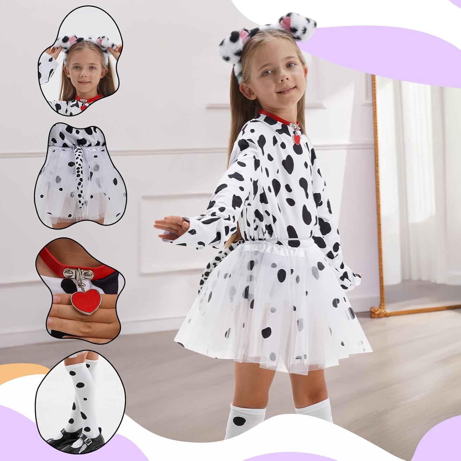 101 Dalmatian Costumes Kids, Girls Shirt Tutu Outfit Ears Headband Socks Accessories for 101st Day Of School,S