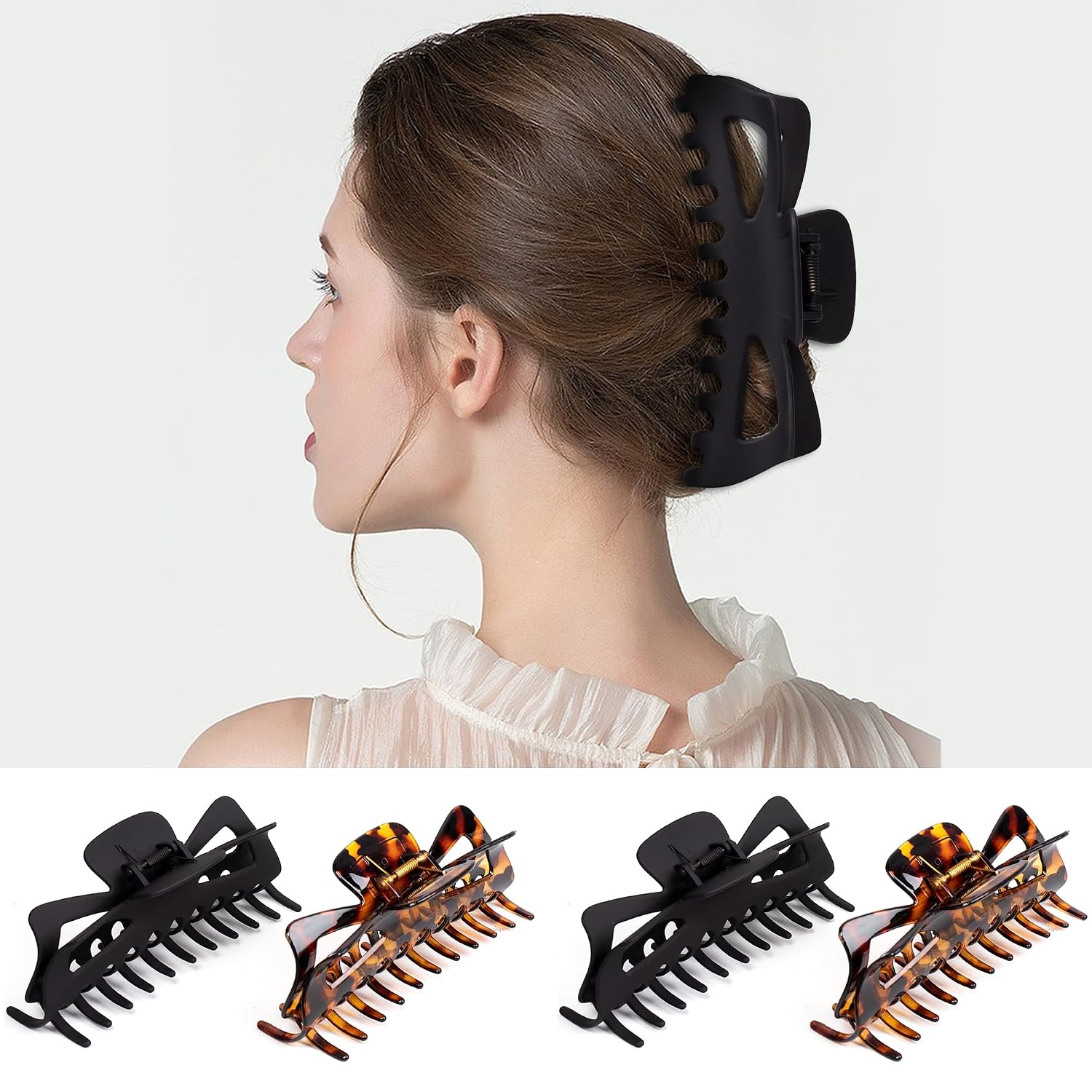 Extra Large Claw Clips for Thick Hair, 6.4 Inch Strong Hold Matte Jumbo Accessories for Women Long Curly Hair Cute Nonslip Big Jaw Clip French Giant Hair Clip 4 Pack (Black, Brown leopard)