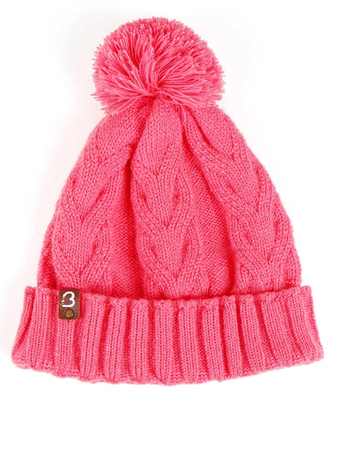 BHARATASYA Winter Hand Knitted Cute Stylish Cable Knit Winter Pom Pom Cap for Kids Unisex (Age 5-10 Years) (Pink) 1