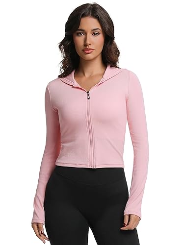 Abonlen Ribbed Hoodies for Women Lightweight Full Zip Up Jackets