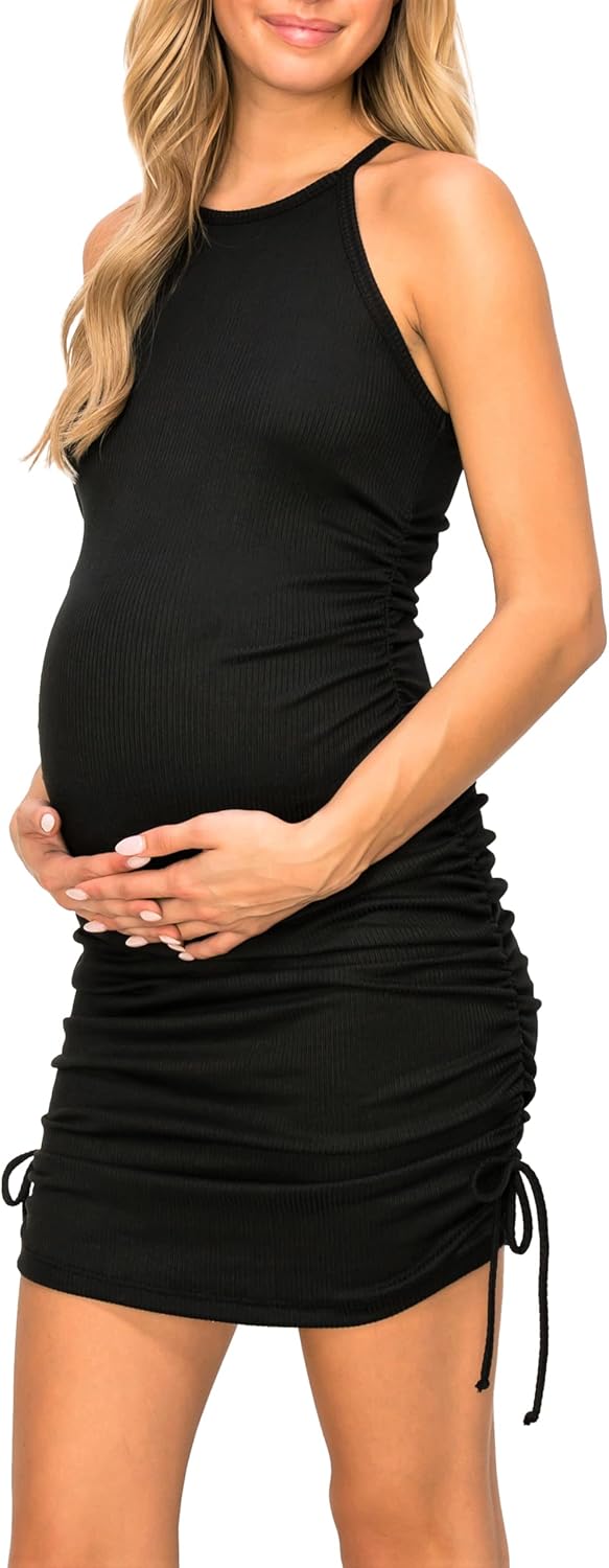 My Bump Women's Knit Ribbed Sleeveless Maternity Dress with Side Ruched and Strings(Made in USA)
