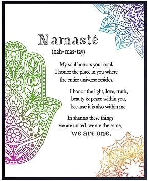 Zen Decor, Namaste Wall Decor, Buddha Wall Art - 8x10 Poster Print for Yoga Meditation Room, Spa Decoration - Spiritual Buddhist Gift With Hamsa Hand of Fatima, Mandala, Lotus
