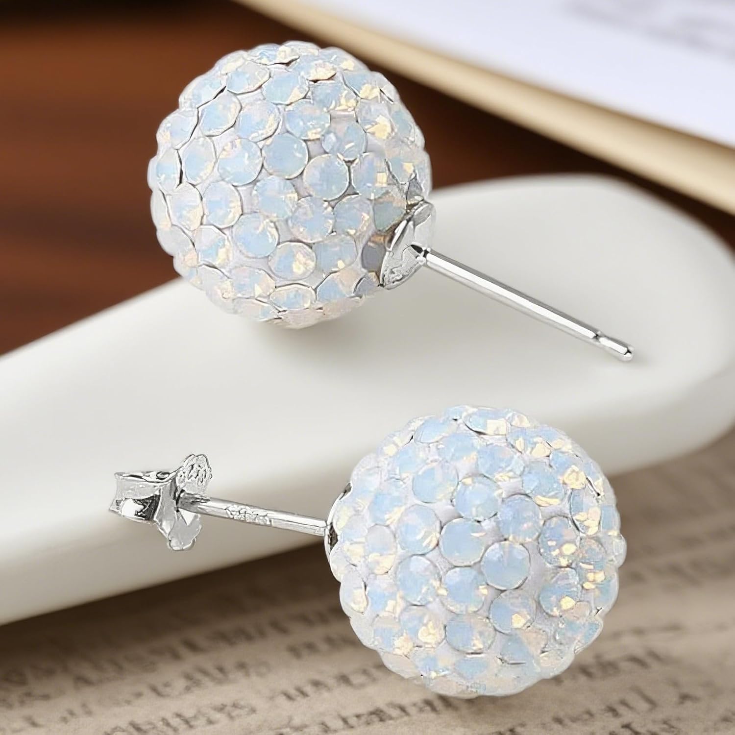 925 Sterling Silver Sparkle Crystal Round Disco Ball Opal Stud Earrings for Women 6/8/10/12mm