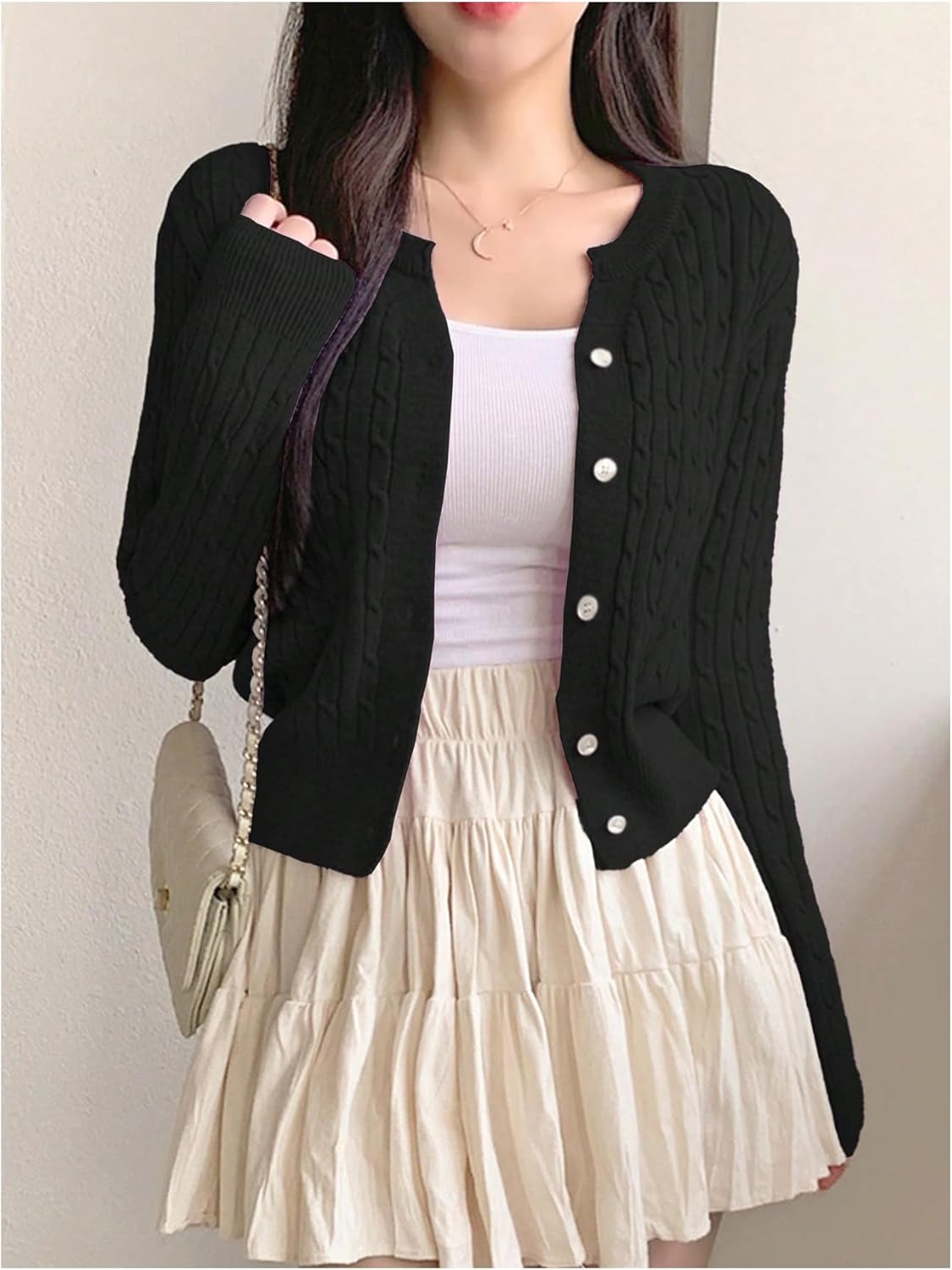 Women's Cable Knit Button Down Cardigans Slim Fit Crew Neck Sweaters Fall Tops - Image 3