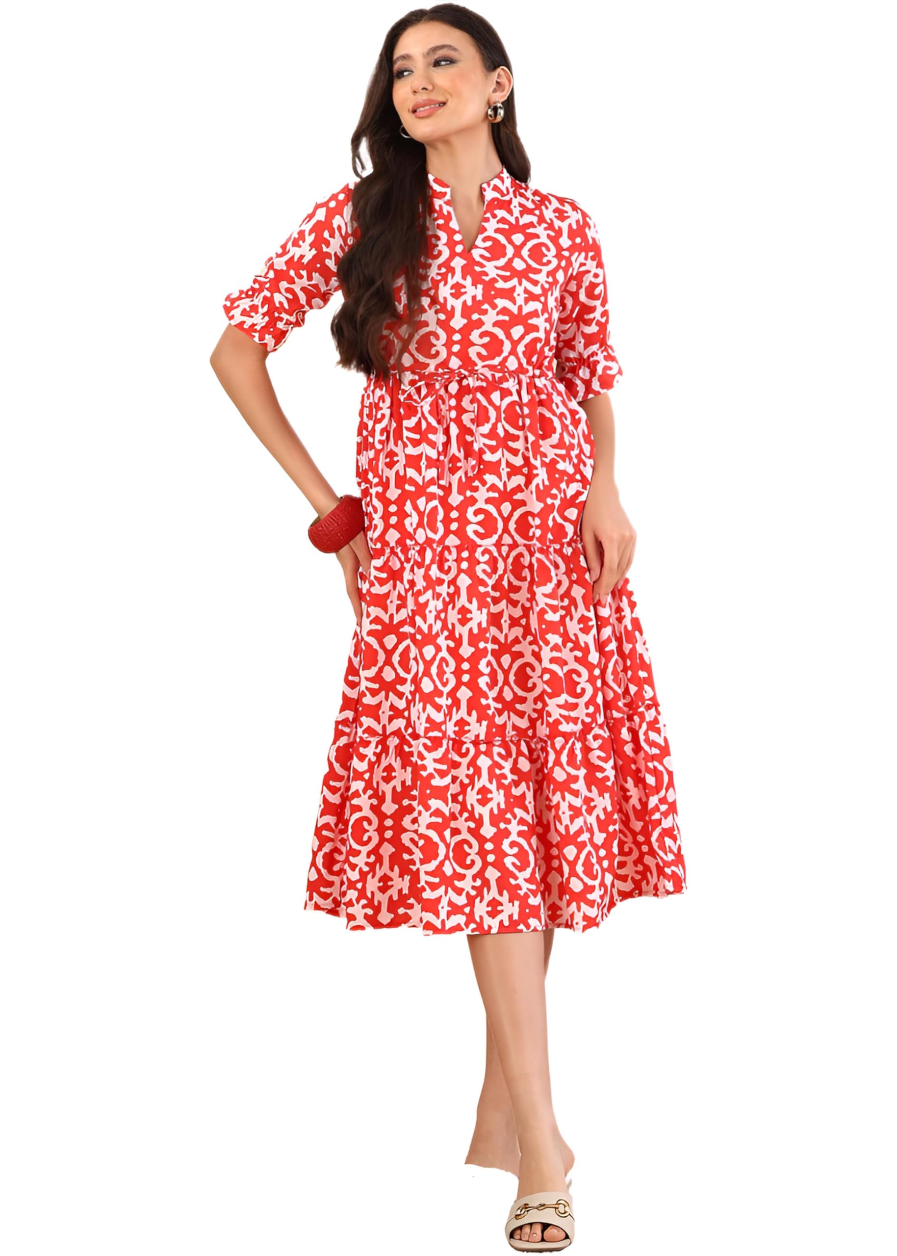 Women's Elegant Ikat Print Midi Dress – Wrinkle-Free A-Line Dress with Adjustable Waist Tie and V-Neckline-image-34