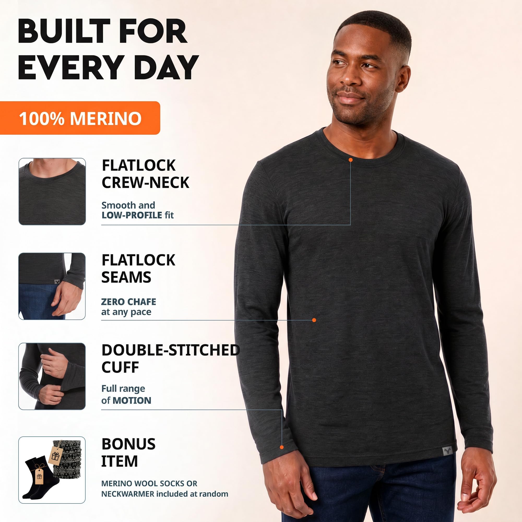 MERINNOVATION 100% Merinowolle Shirt for Harren Thermo Unterwäsche Langarm,Temperaturregulierend, Weich